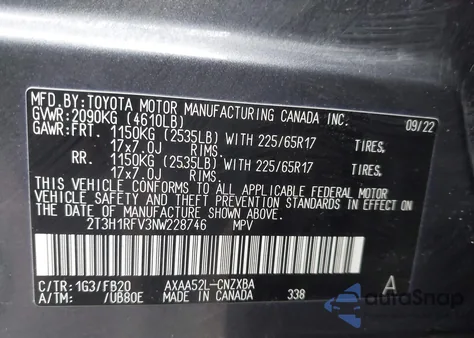 2022 Toyota Rav4 Le z USA, uszkodzony, nr VIN 2T3H1RFV3NW228746